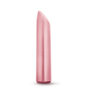 A pale pink plastic vibrator with a smooth finish. Angled tip and straight cylinder body. Two buttons on the bottom adjust intensity. 