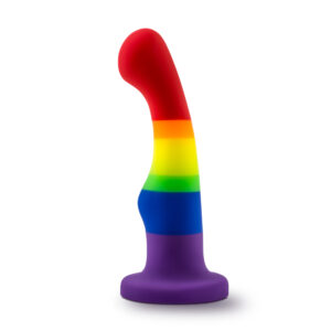 Abstract dildo with horizontal stripes in rainbow colors to represent a Pride flag. Featuring a smooth rounded head and ergonomic upward curve for G spot or P spot play. Unique shape with that flares back out slightly and has a suction cup base-gift giving guide