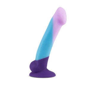 slim realistic silicone dildo with pink, blue, and purple asymmetrical design